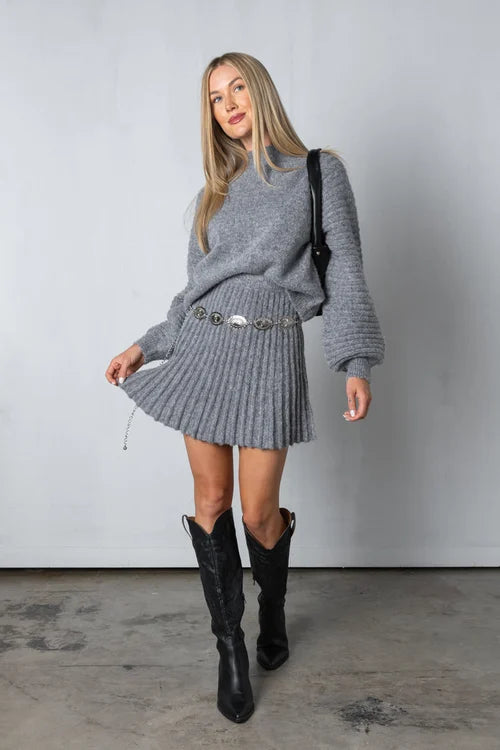 Trendy Pleated Sweater and Skirt Set - Isabella-Grey-XS-State of Style