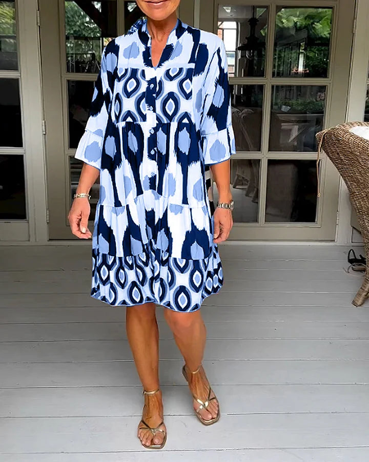 Trendy short-sleeved dress with abstract print & loose fit – Liora-Blue-S-State of Style