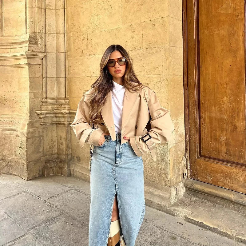 Trendy Short Women's Trench Coat with Belt – Amelie-Beige-XS-State of Style