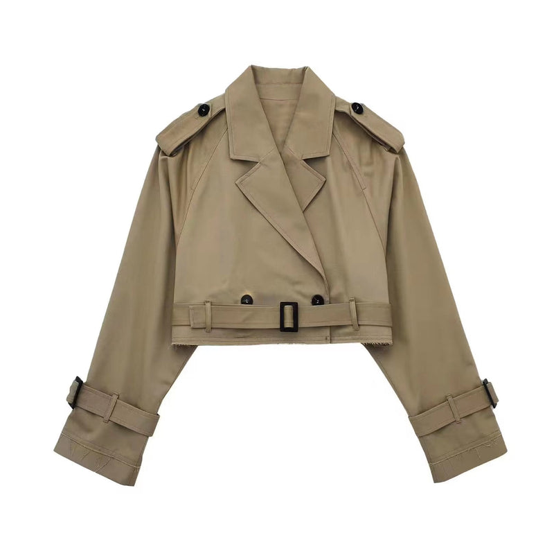 Trendy Short Women's Trench Coat with Belt – Amelie-Beige-XS-State of Style