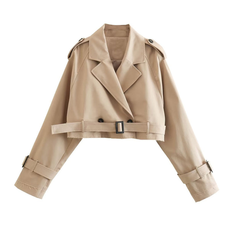 Trendy Short Women's Trench Coat with Belt – Amelie-Khaki-XS-State of Style