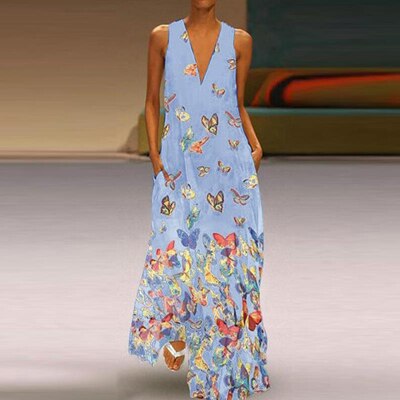 Trendy Sleeveless Maxi Summer Dress with Butterfly Print – Malia-Light blue-S-State of Style
