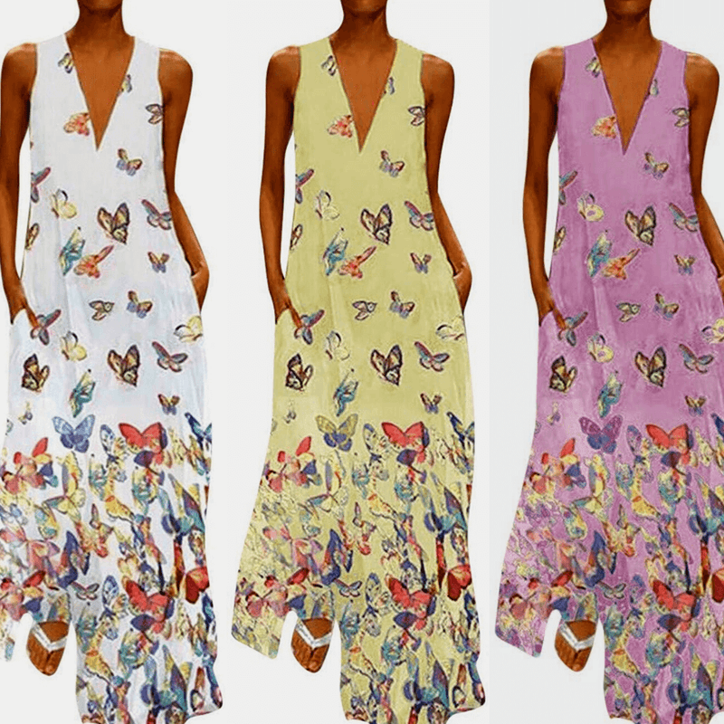Trendy Sleeveless Maxi Summer Dress with Butterfly Print – Malia-White-S-State of Style