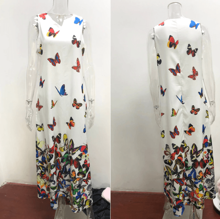Trendy Sleeveless Maxi Summer Dress with Butterfly Print – Malia-White-S-State of Style