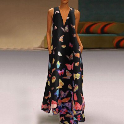Trendy Sleeveless Maxi Summer Dress with Butterfly Print – Malia-White-S-State of Style
