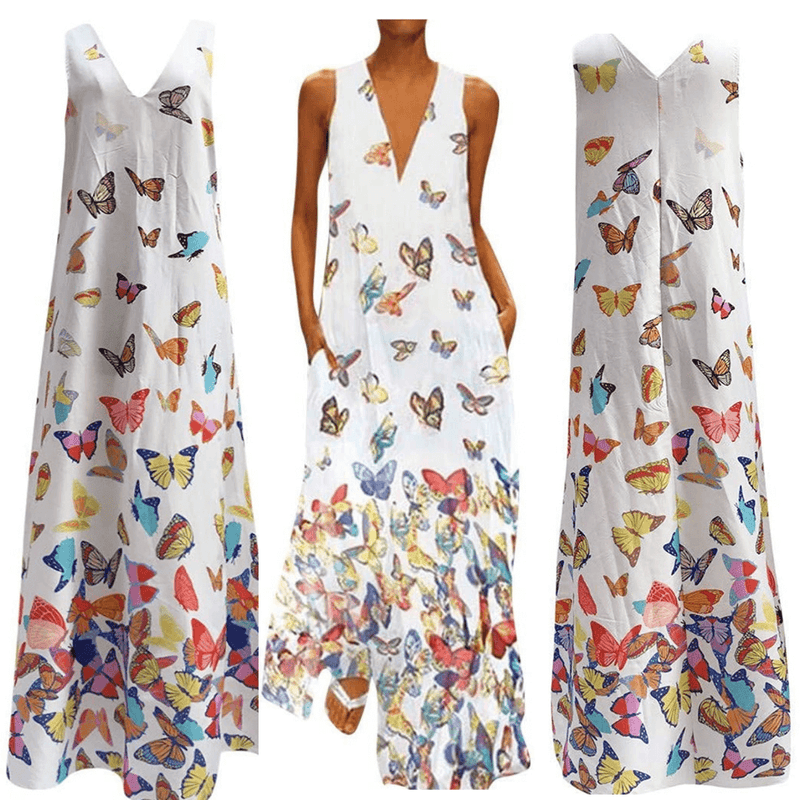 Trendy Sleeveless Maxi Summer Dress with Butterfly Print – Malia-White-S-State of Style
