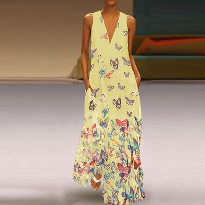 Trendy Sleeveless Maxi Summer Dress with Butterfly Print – Malia-Yellow-S-State of Style