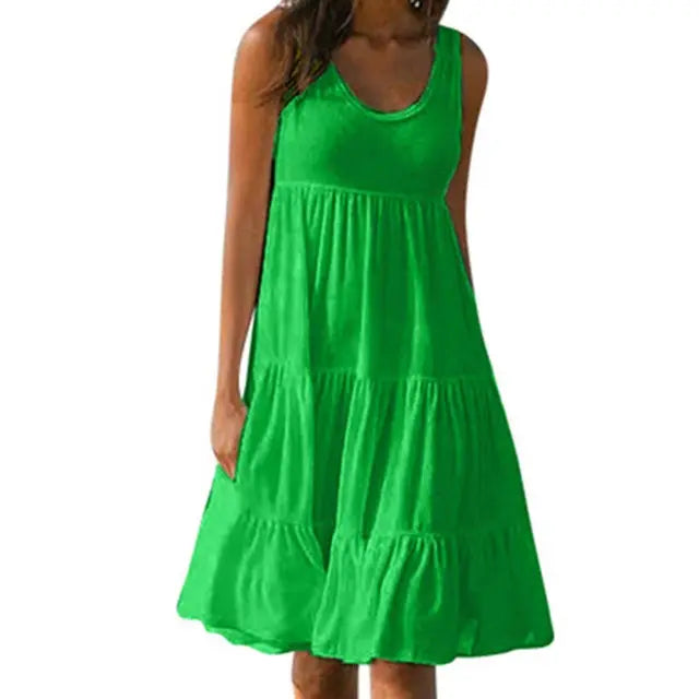 Trendy sleeveless mini dress with round neckline – Amelie-Green-S-State of Style