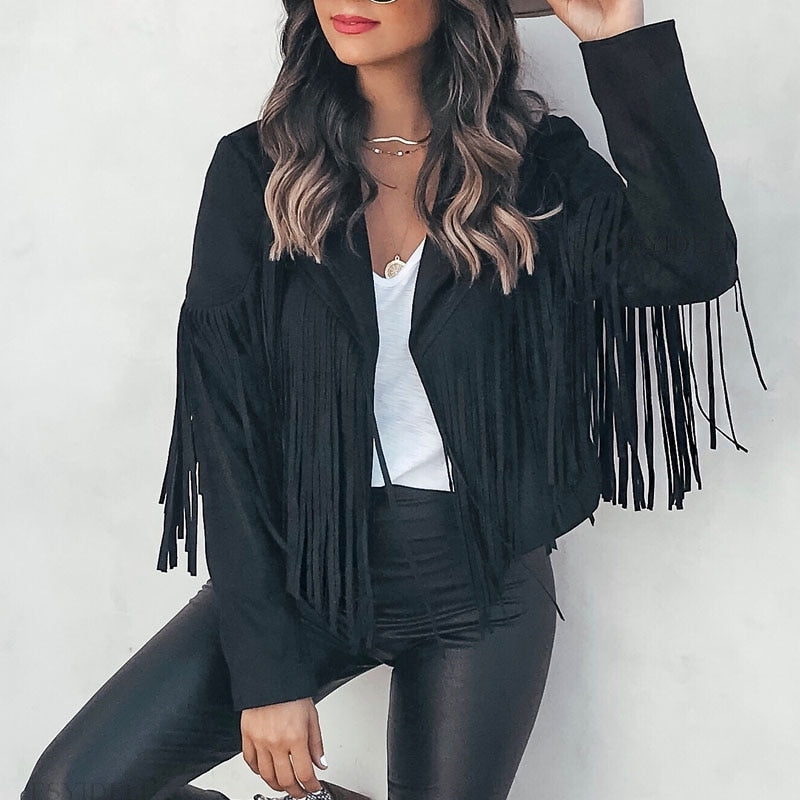 Trendy Suede Women's Jacket with Tassels - Isabella-Black-S-State of Style
