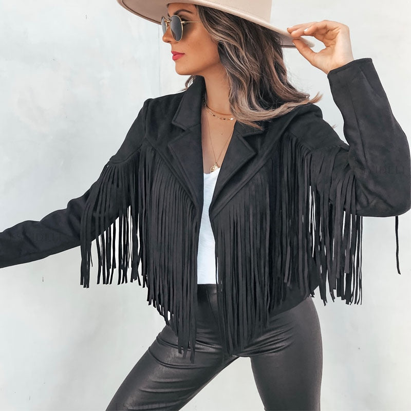 Trendy Suede Women's Jacket with Tassels - Isabella-Black-S-State of Style