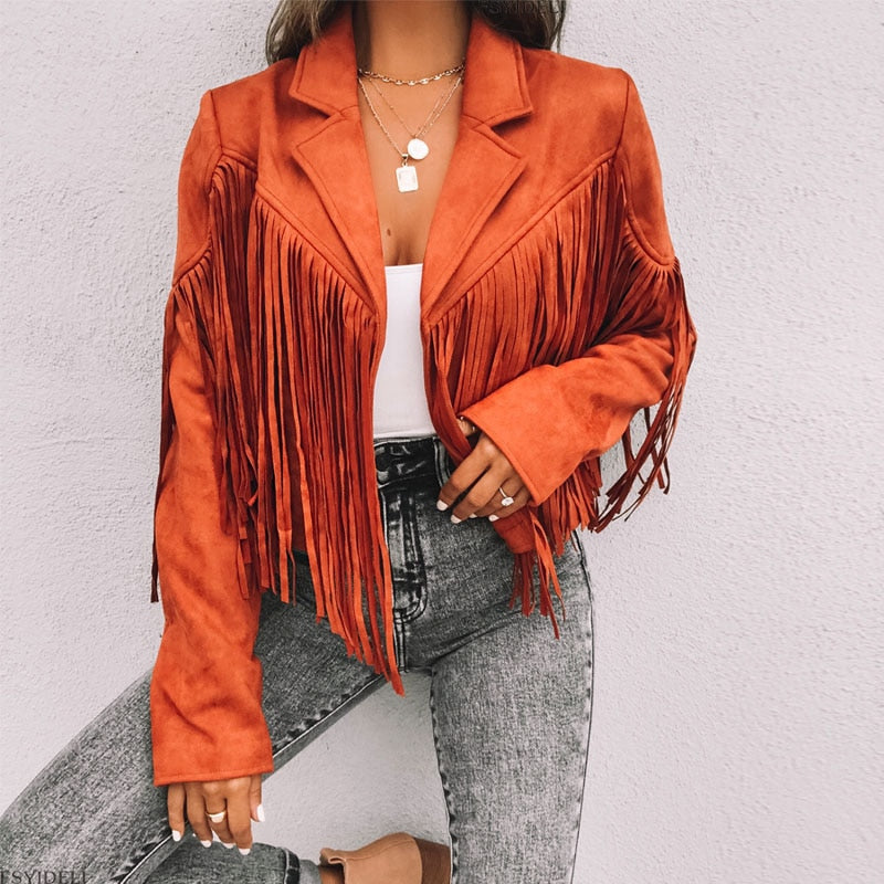 Trendy Suede Women's Jacket with Tassels - Isabella-Black-S-State of Style