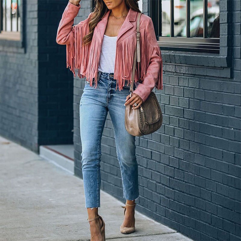 Trendy Suede Women's Jacket with Tassels - Isabella-Pink-S-State of Style