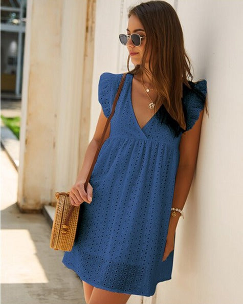Trendy summer mini dress with ruffled sleeves – Elina-Black-XS-State of Style