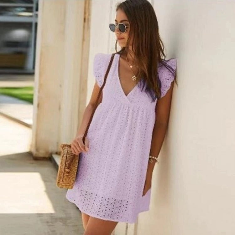 Trendy summer mini dress with ruffled sleeves – Elina-Lavender-XS-State of Style