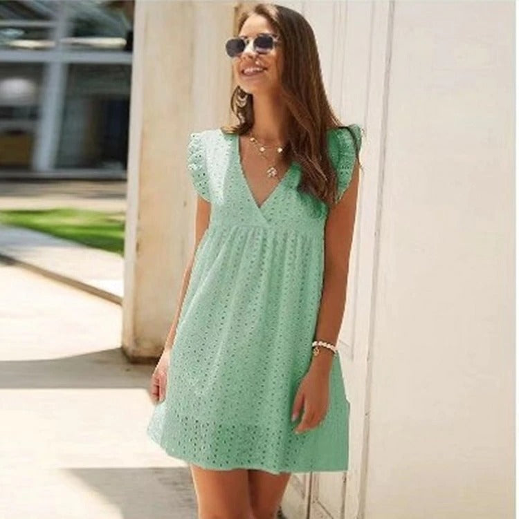 Trendy summer mini dress with ruffled sleeves – Elina-Light green-XS-State of Style