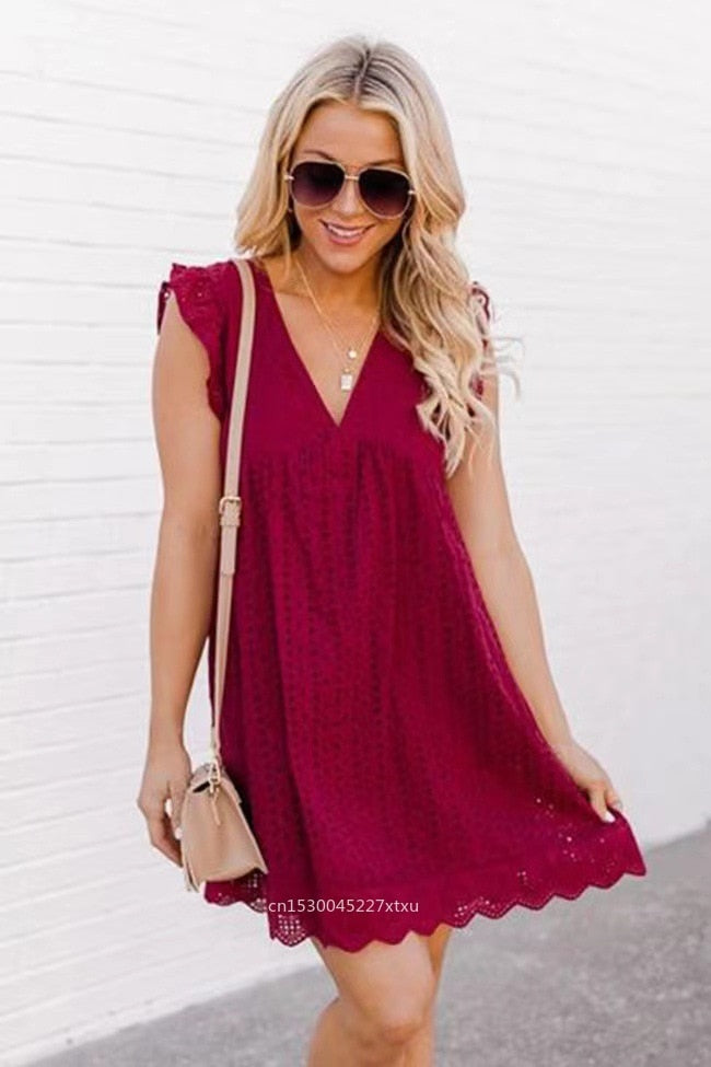 Trendy summer mini dress with ruffled sleeves – Elina-Maroon-XS-State of Style