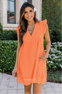 Trendy summer mini dress with ruffled sleeves – Elina-Orange-XS-State of Style