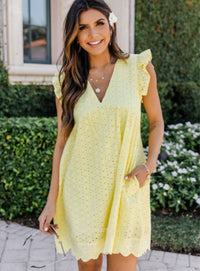 Trendy summer mini dress with ruffled sleeves – Elina-Yellow-XS-State of Style