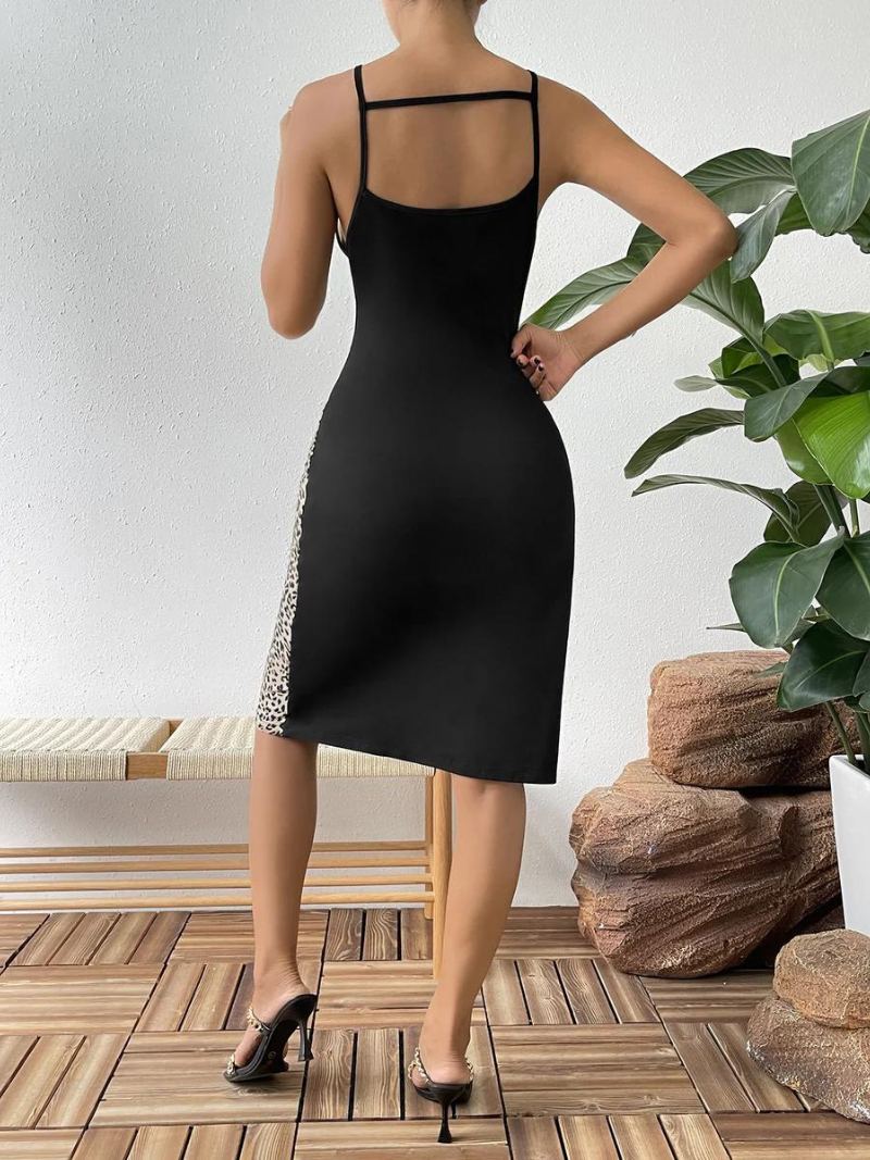 Trendy summer tunic dress with ethnic print & spaghetti straps – Kiara-Leopard print-S-State of Style