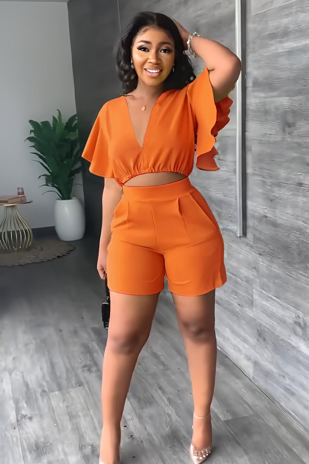 Trendy summer two-piece set with pleated design – Marlene-Orange-S-State of Style