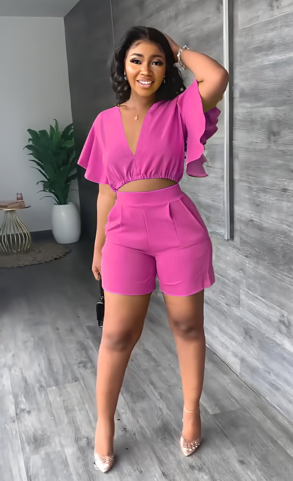 Trendy summer two-piece set with pleated design – Marlene-Rose pink-S-State of Style