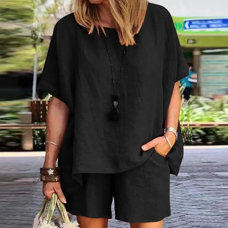 Trendy Two-Piece Linen Summer Set with Shorts for Women – Nayla-Black-S-State of Style