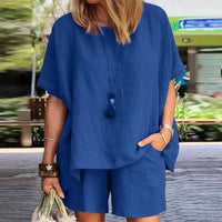 Trendy Two-Piece Linen Summer Set with Shorts for Women – Nayla-Blue-S-State of Style