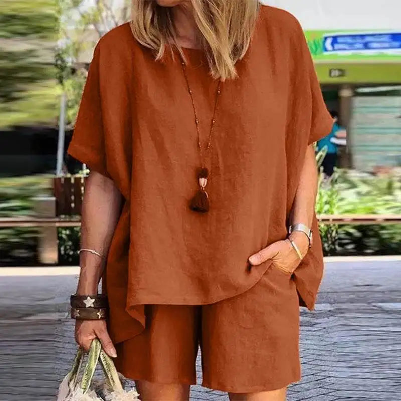 Trendy Two-Piece Linen Summer Set with Shorts for Women – Nayla-Chestnut brown-S-State of Style