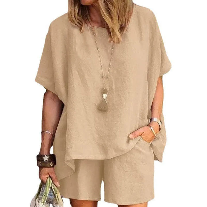 Trendy Two-Piece Linen Summer Set with Shorts for Women – Nayla-Gray-S-State of Style