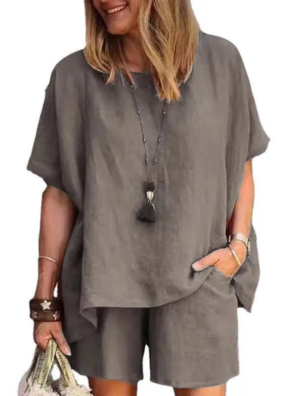 Trendy Two-Piece Linen Summer Set with Shorts for Women – Nayla-Gray-S-State of Style