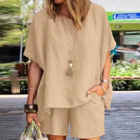 Trendy Two-Piece Linen Summer Set with Shorts for Women – Nayla-Khaki-S-State of Style