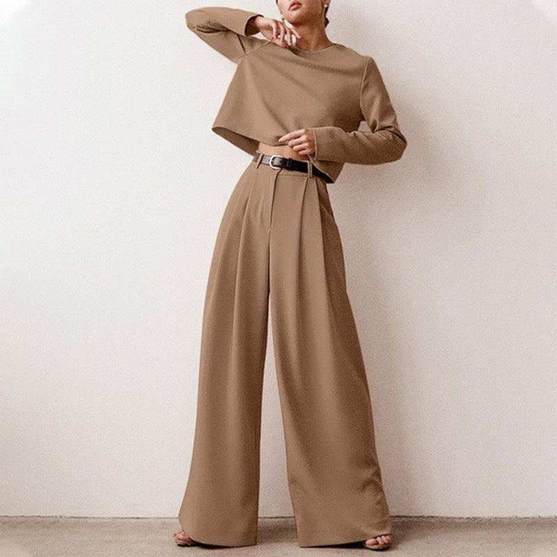 Trendy Two-Piece Palazzo Set - Amara-Khaki-S-State of Style