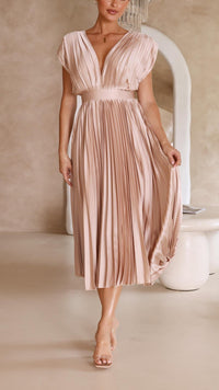 Trendy V-Neck Dress with Tie Closure - Isabella-Champagne-S-State of Style