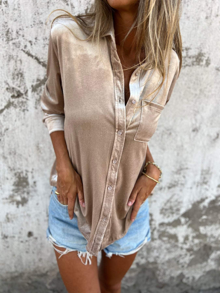 Trendy Velvet Blouse with Long Sleeves - Clara-Apricot-S-State of Style