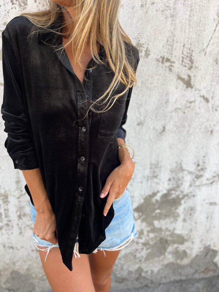 Trendy Velvet Blouse with Long Sleeves - Clara-Black-S-State of Style