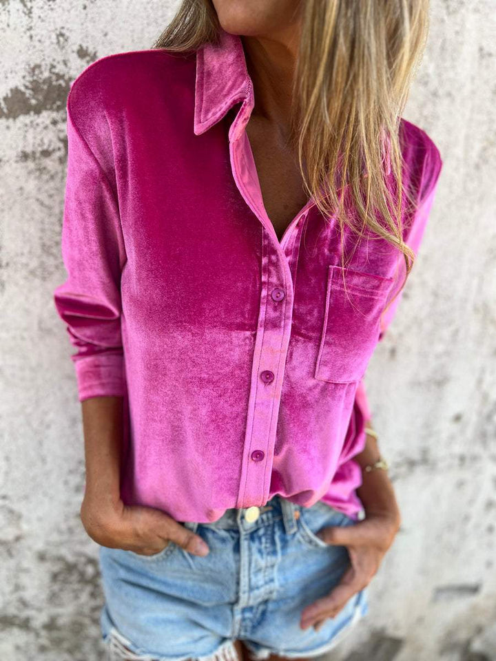 Trendy Velvet Blouse with Long Sleeves - Clara-Hot Pink-S-State of Style