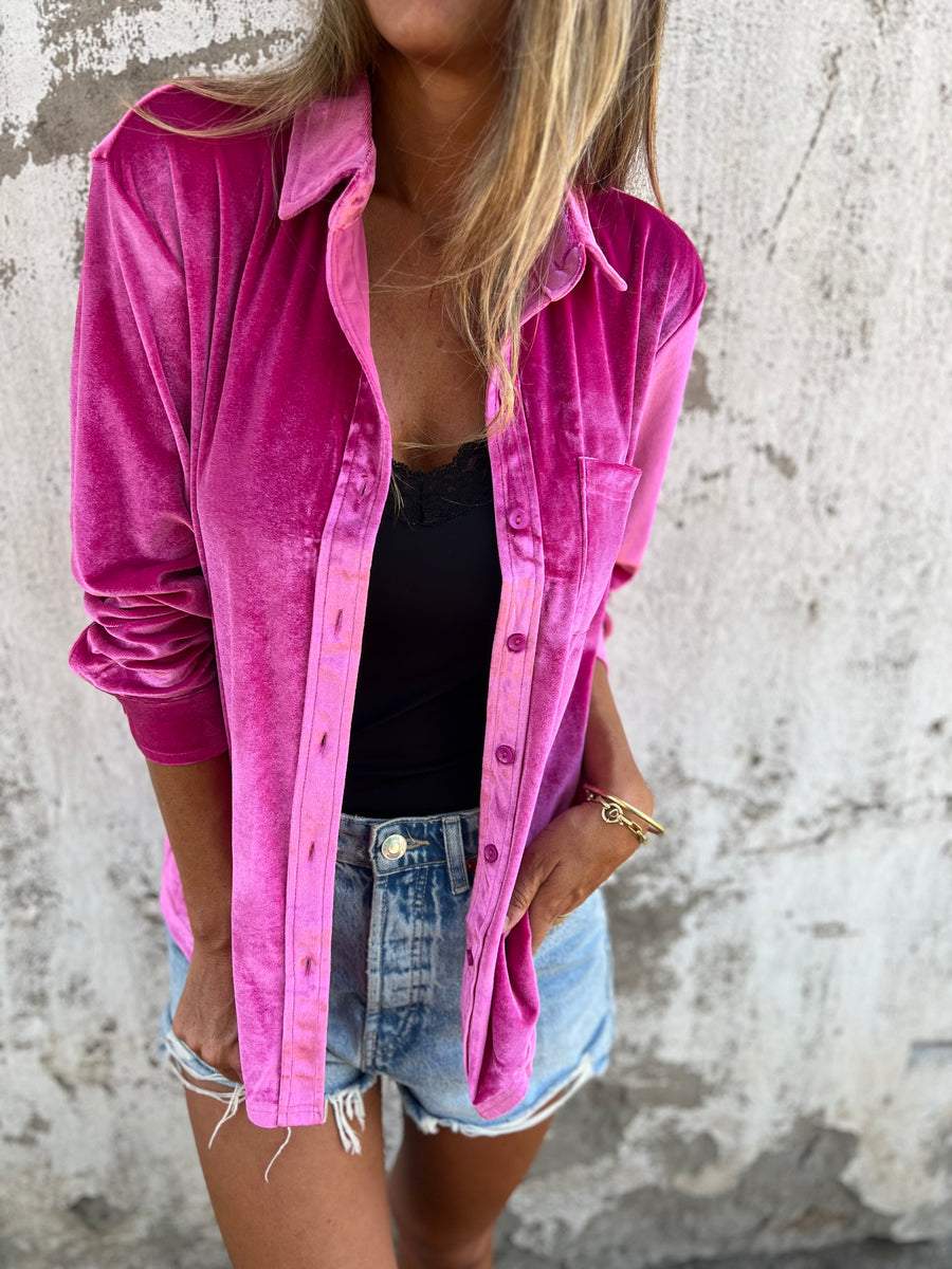 Trendy Velvet Blouse with Long Sleeves - Clara-Pink-S-State of Style