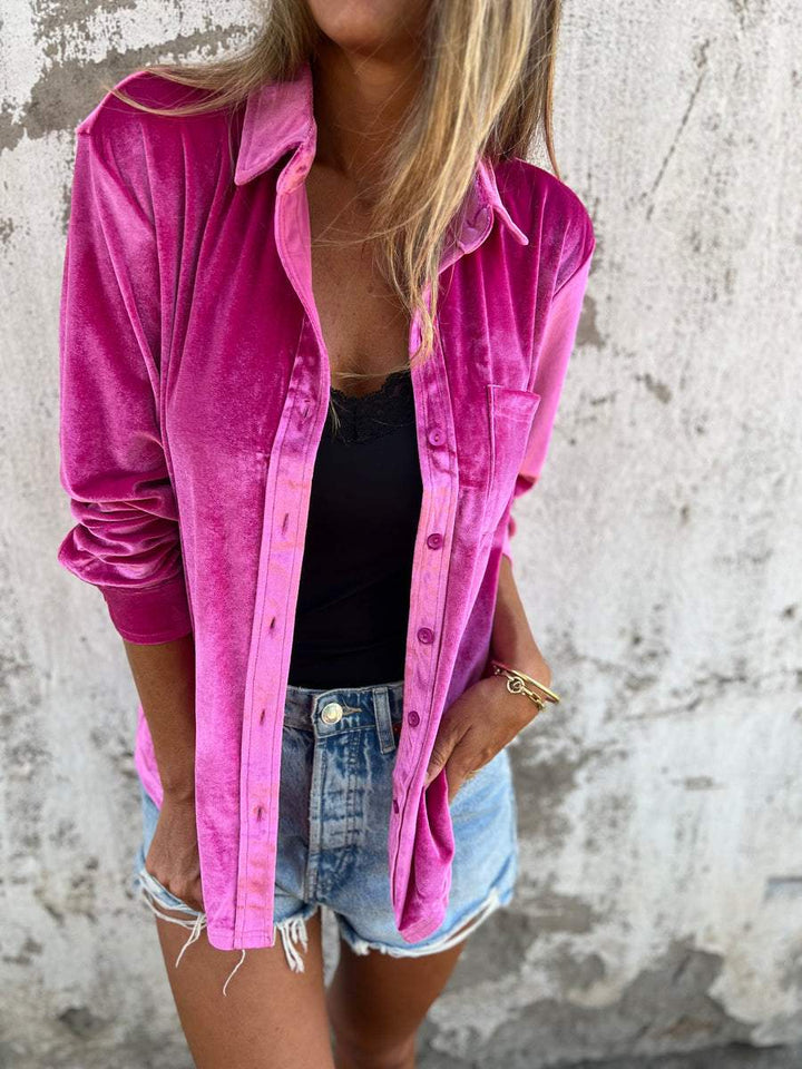 Trendy Velvet Blouse with Long Sleeves - Clara-Pink-S-State of Style