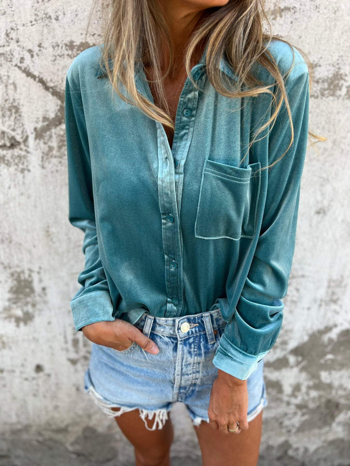 Trendy Velvet Blouse with Long Sleeves - Clara-Pink-S-State of Style