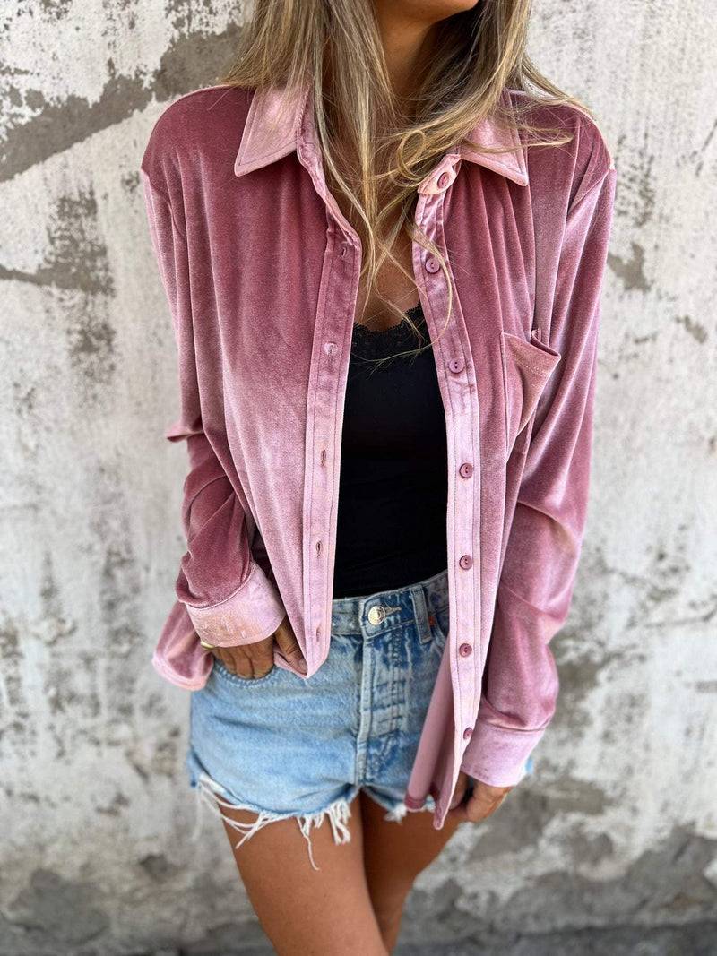 Trendy Velvet Blouse with Long Sleeves - Clara-Pink-S-State of Style