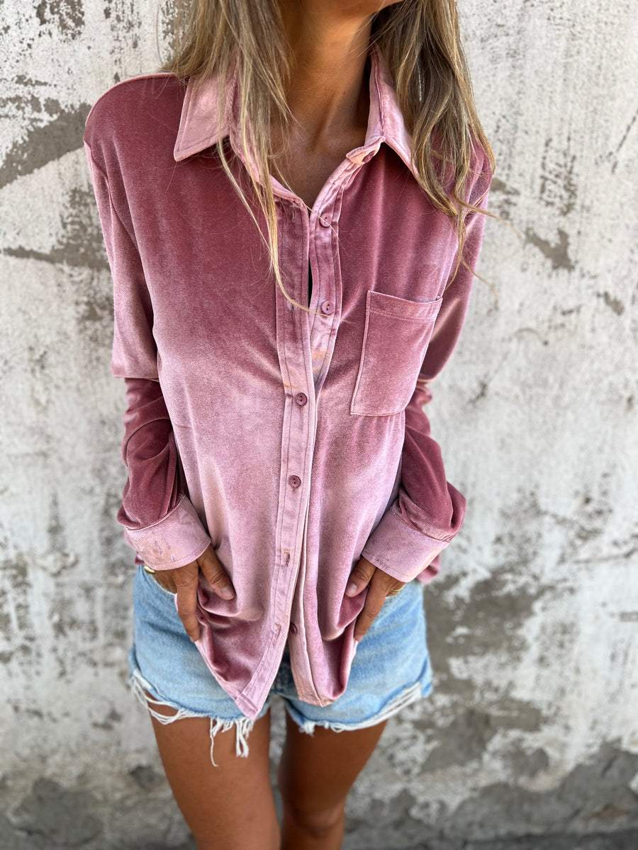 Trendy Velvet Blouse with Long Sleeves - Clara-Pink-S-State of Style