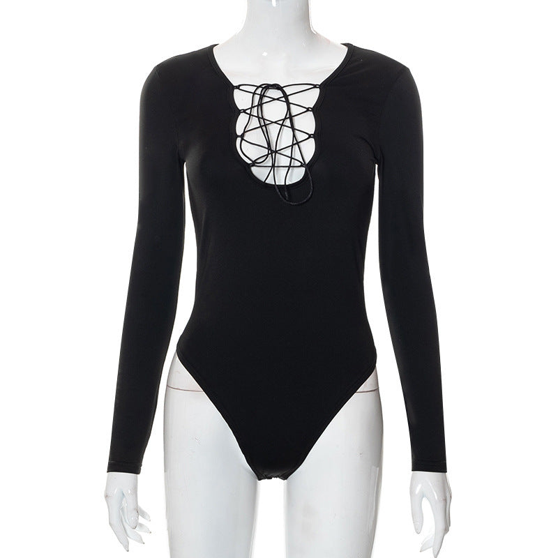 Trendy women's bodysuit with lacing & deep V-neck - Aveline-L-State of Style