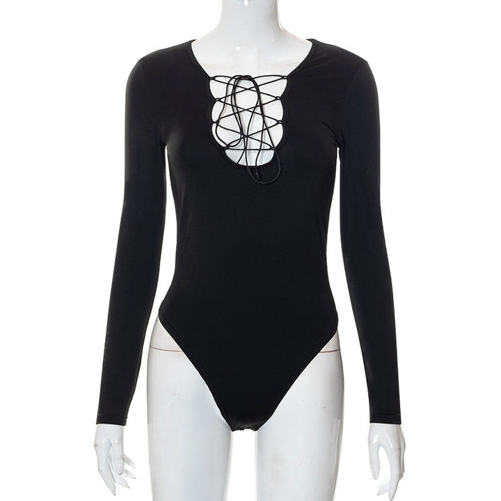 Trendy women's bodysuit with lacing & deep V-neck - Aveline-L-State of Style