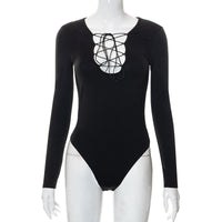 Trendy women's bodysuit with lacing & deep V-neck - Aveline-L-State of Style