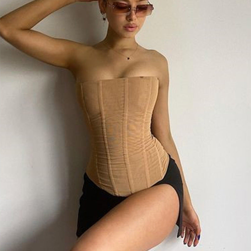 Trendy Women's Corset Crop Top with Shaping & Mesh Design – Celina-Khaki-S-State of Style