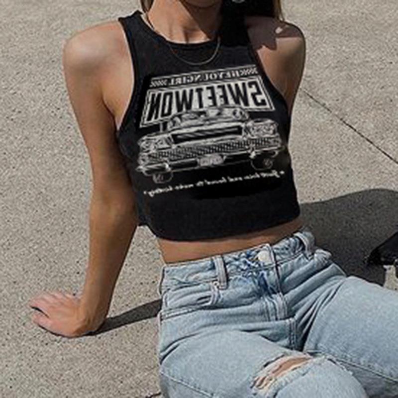 Trendy women's crop top with car print and round neckline – Maila-L-State of Style
