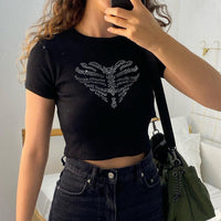 Trendy women's crop top with rhinestone skeleton pattern – Yara-L-State of Style