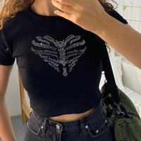 Trendy women's crop top with rhinestone skeleton pattern – Yara-L-State of Style