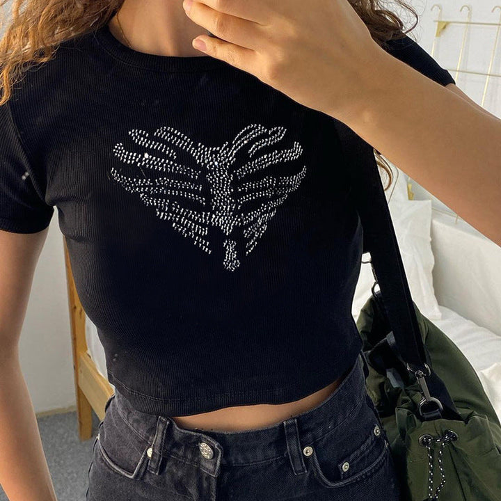 Trendy women's crop top with rhinestone skeleton pattern – Yara-L-State of Style