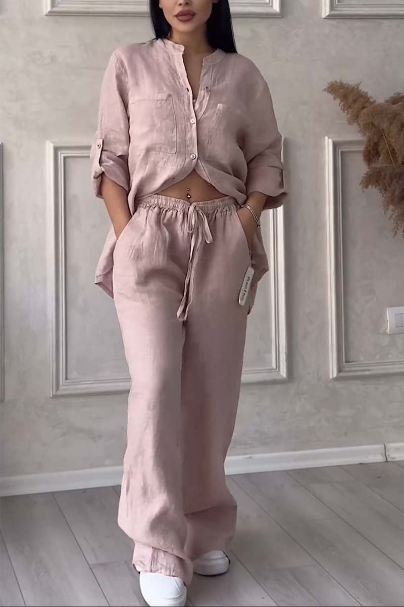 Trendy women's linen two-piece set with blouse & wide trousers – Lina-Apricot-S-State of Style